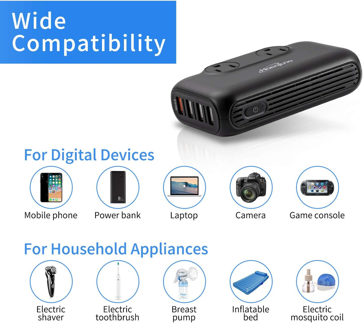 200W Car Power Inverter DC 12V to 110V AC with USB and QC 3.0 Ports J1911