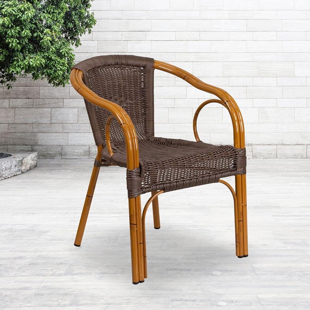 Dark Red Bamboo-Aluminum Indoor-Outdoor Restaurant-Patio Chair with Brown Rattan A51511