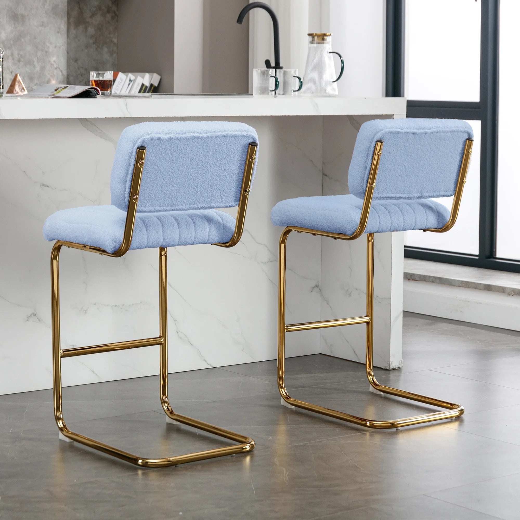 Blue Boucle Upholstered Bar Stools Set of 2 S587