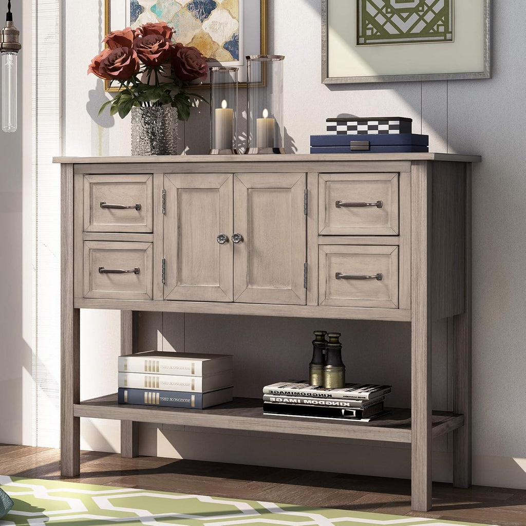 White & Brown Wood Console Table with Drawers & Open Shelf V76855