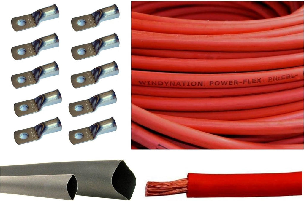 6 Gauge 25 Feet Red + 25 Feet Black Pure Copper Flexible Cable with 10pcs 3/8" Tinned Copper Cable Lug Terminals and 3 Feet Heat Shrink Tubing X585