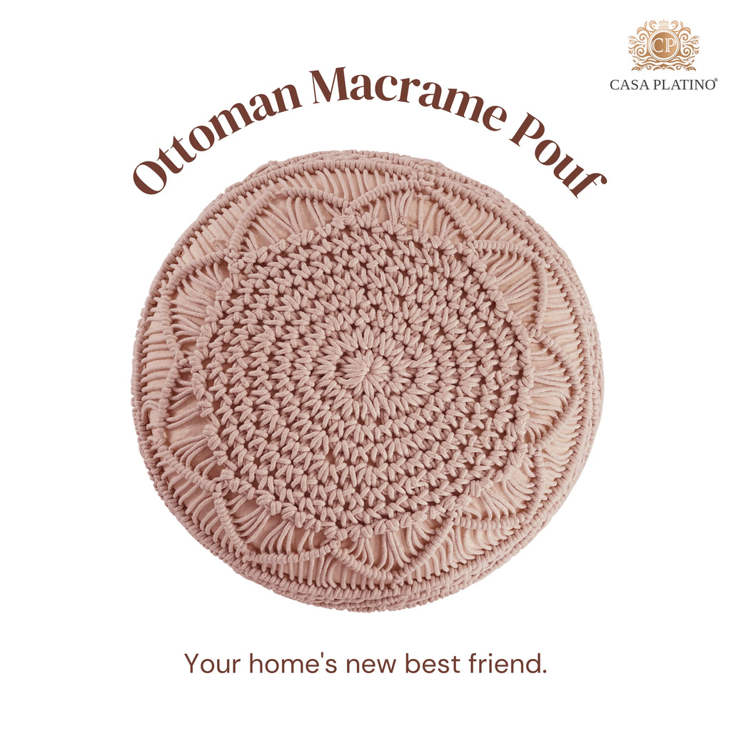 Dusty Pink Hand Knitted Macrame Pouf Ottoman Q6129