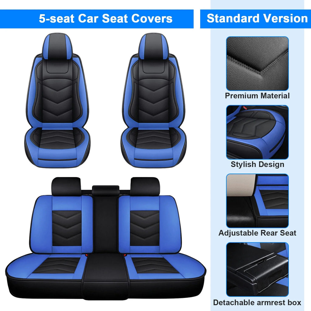 Black Blue Waterproof PU Leather 5 Seats Car Seat Covers Full Set R61925