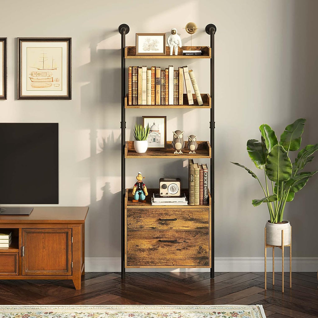 Industrial Bookshelf with 2 Wood Drawers, Wall Mounted 3-Tier Bookcase, Rustic Brown Z360