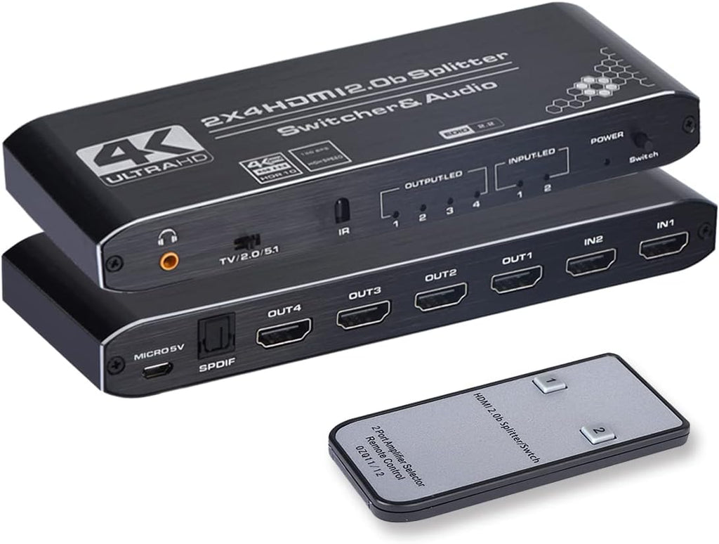 4K HDMI Splitter 2x4 with Audio Extractor and IR Remote Control, Pack of 2 K808