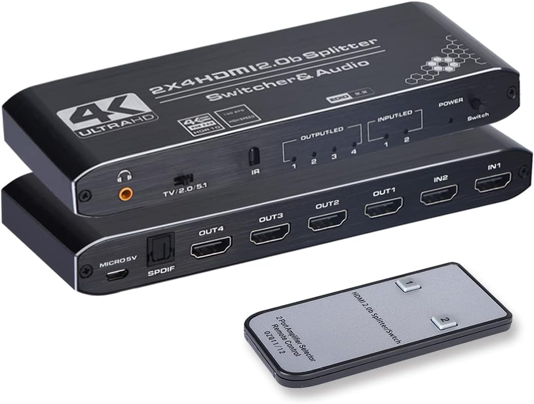 4K HDMI Splitter 2x4 with Audio Extractor and IR Remote Control, Pack of 2 K808