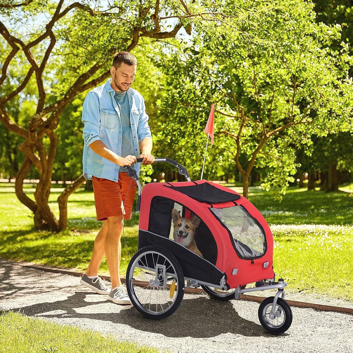 Red Dog Bike Trailer Pet Stroller With Canopy And Storage Pockets W867