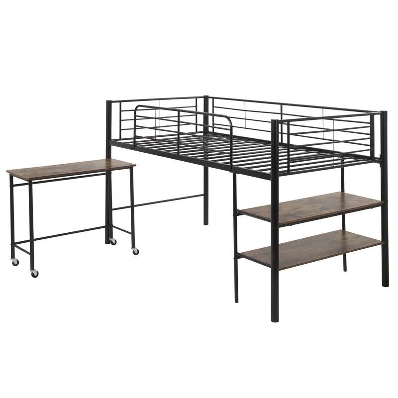 Twin Size Metal Loft Bed with Desk and Shelves S7866