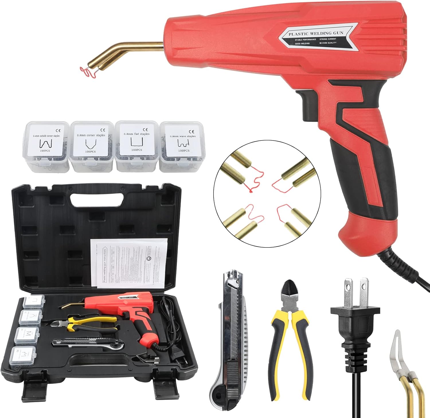 110V 100W Plastic Welder Kit with 4 Types of 100PCS Staples, Hot Stapler Plastic Repair Tools with Pliers, Red Pack of 2 Y1232