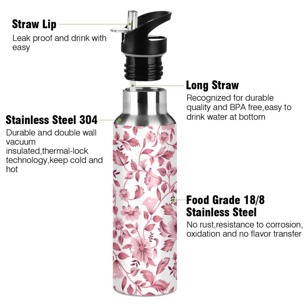 Pink Floral Insulated Stainless Steel Water Bottle with Straw Lid Leakproof 20 oz C224221