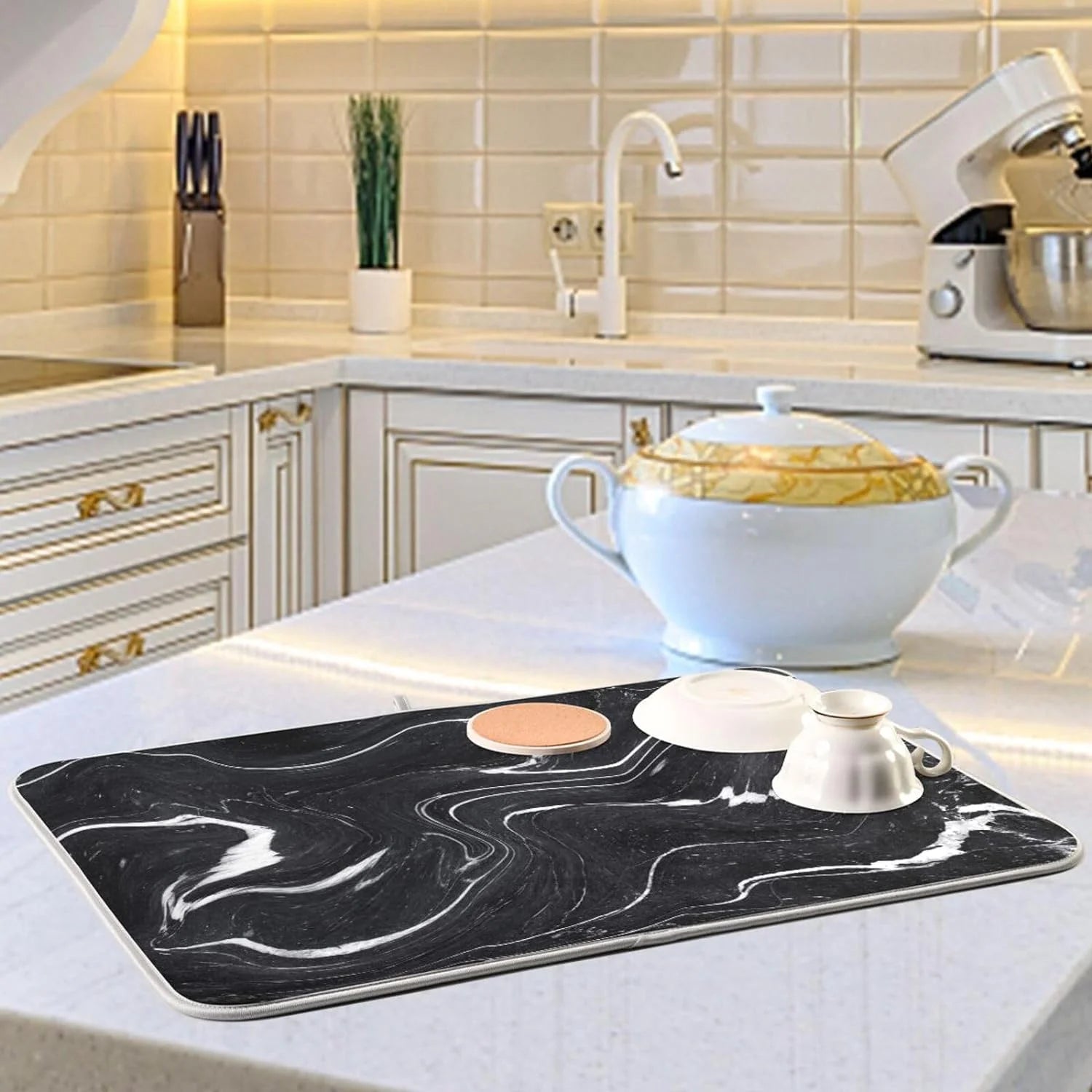 Marble Black and White Dish Drying Mat, 18x24Inch P673