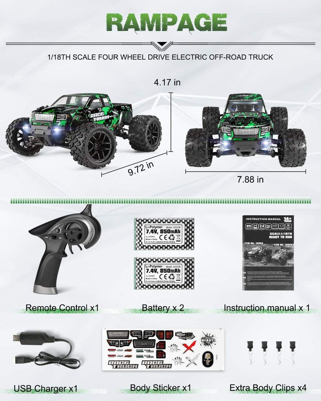 1:18 Scale 4WD Electric RC Car with 2.4 GHz Remote Control Z836