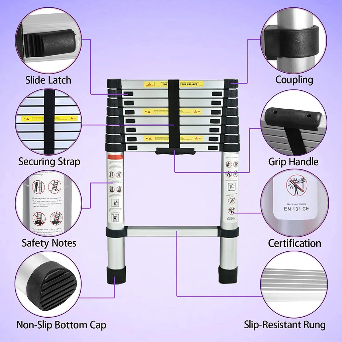 8.5ft Aluminum Telescoping Ladder 9 Steps Non-Slip S774895