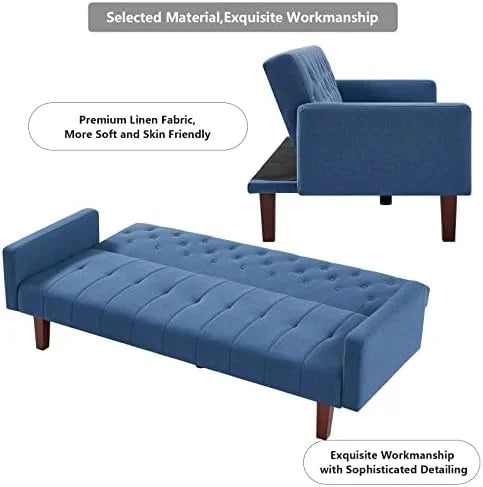 Blue Tufted Linen Convertible Futon Sofa Bed Twin Size with Solid Wood Legs H20292