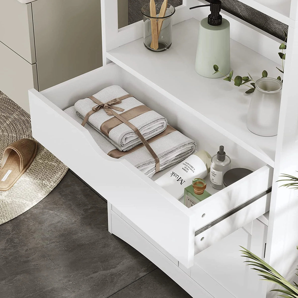 White Freestanding Sideboard Storage Cabinet with 2 Open Shelves, 1 Drawer & 1 Cupboard C99504