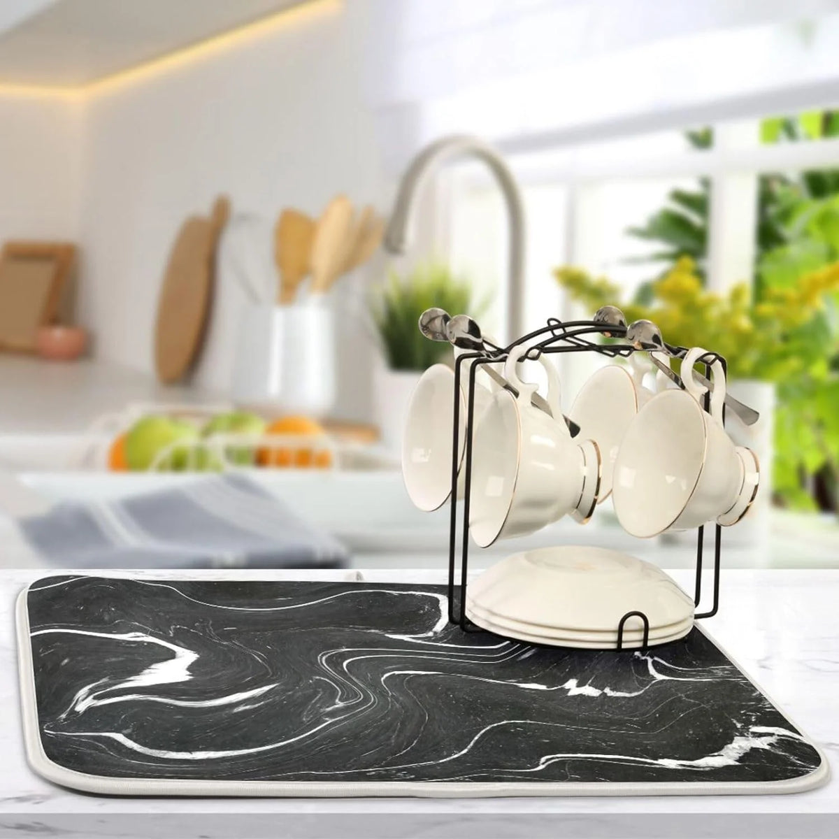 Marble Black and White Dish Drying Mat, 18x24Inch P673