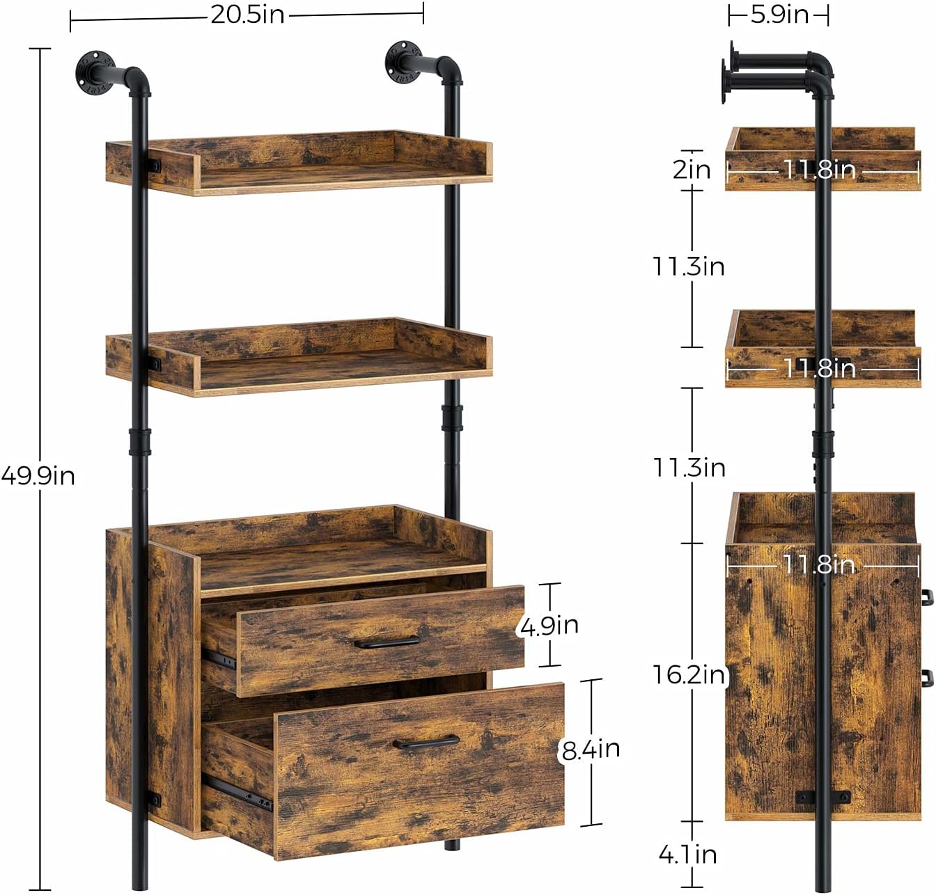 Industrial Bookshelf with 2 Wood Drawers, Wall Mounted 3-Tier Bookcase, Rustic Brown Z360