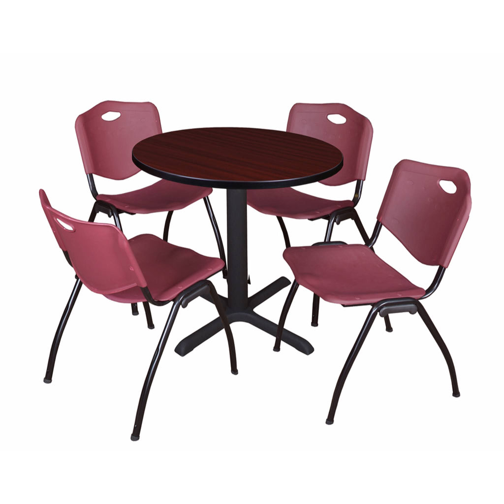 30x22 Round Breakroom Table Mahogany 4 Stack Chairs Blue L10373