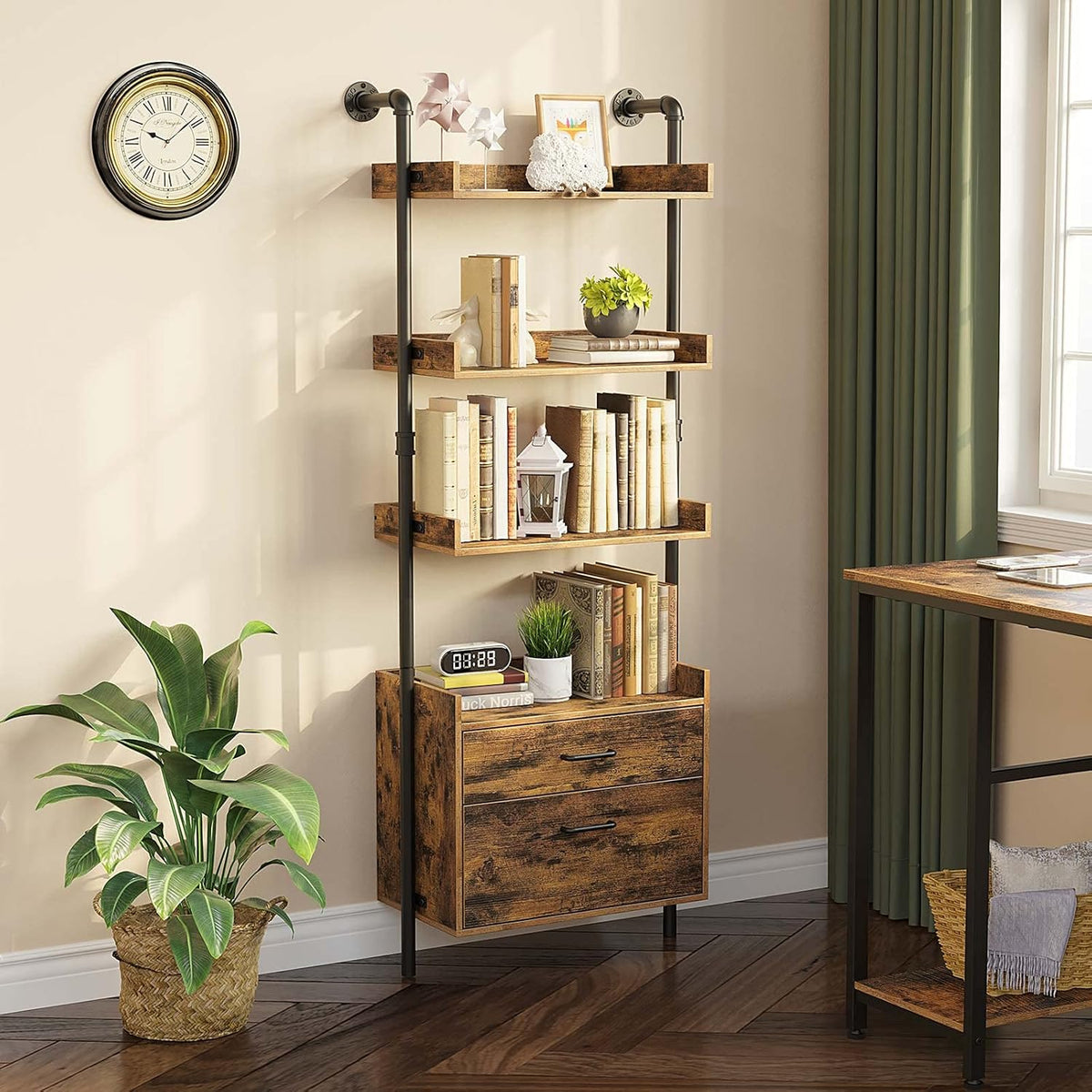 Industrial Bookshelf with 2 Wood Drawers, Wall Mounted 3-Tier Bookcase, Rustic Brown Z360