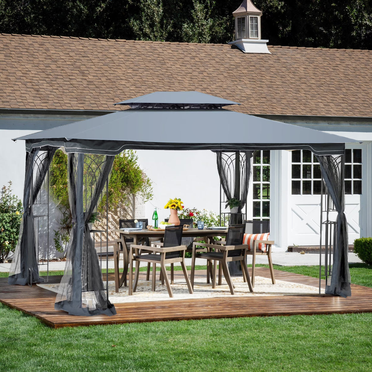 Gray Patio Gazebo Canopy Tent With Ventilated Double Roof And Mosquito Net D7276