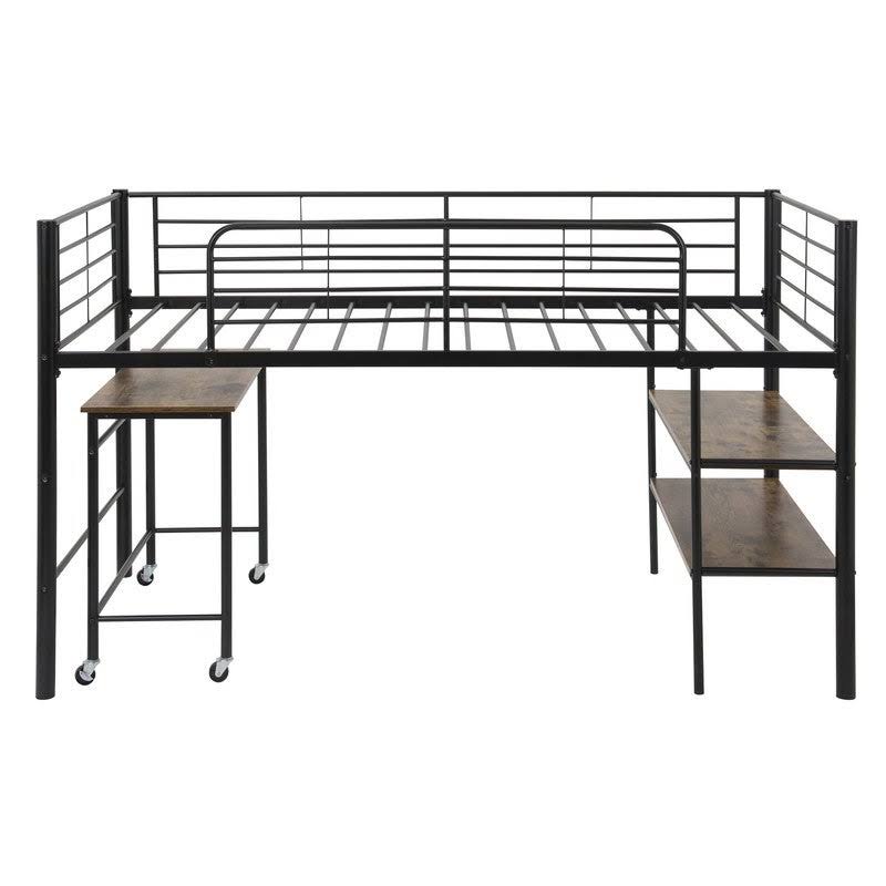 Twin Size Metal Loft Bed with Desk and Shelves S7866