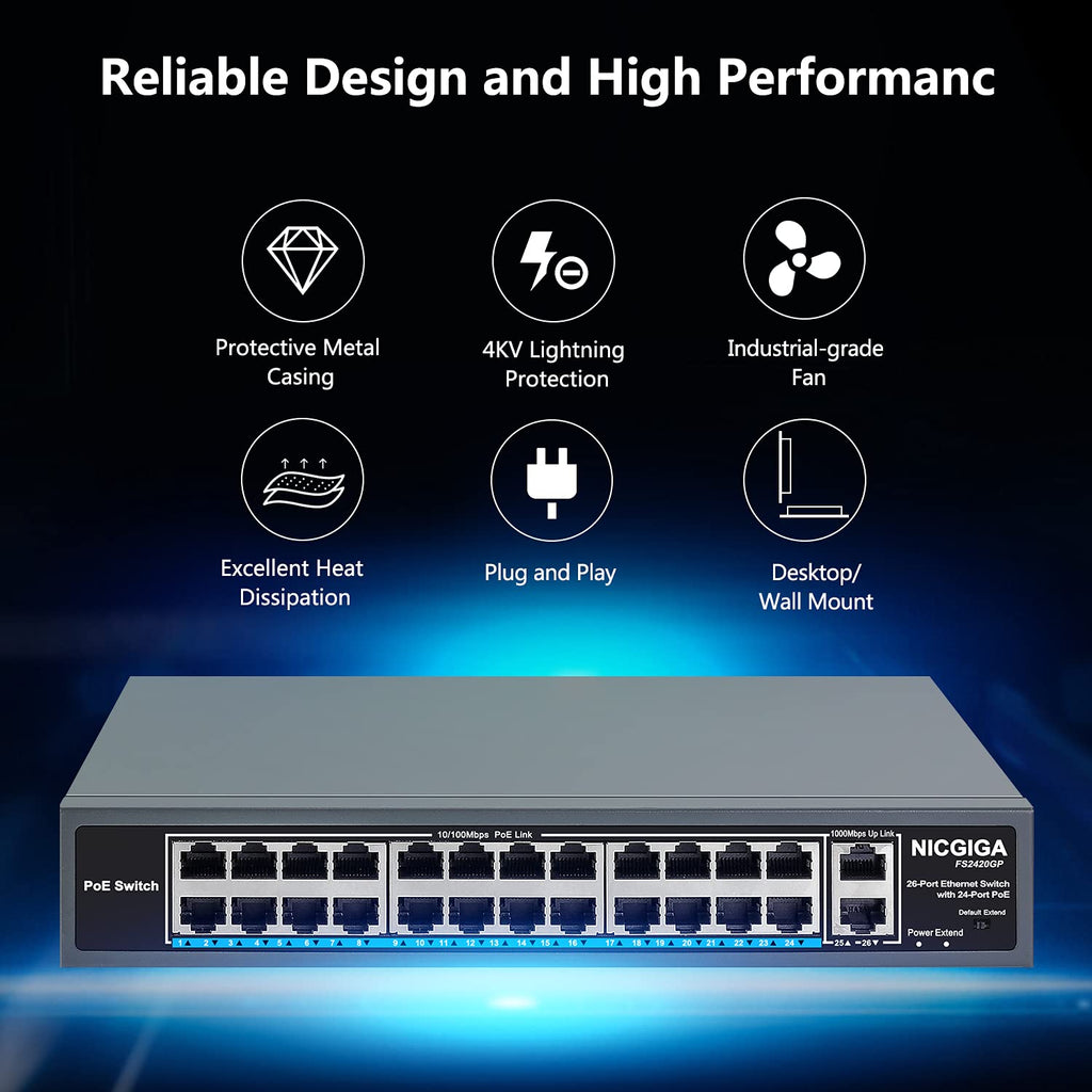 26 Port PoE Switch with 24 Ports 10/100Mbps PoE+@400W, 2 Gigabit Uplink Ports, VLAN Mode, Metal Case, Rack Mount T525579