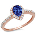 Pear Cut Blue Simulated Tanzanite Pink Rose Gold Halo Ring Size 3.5 A145
