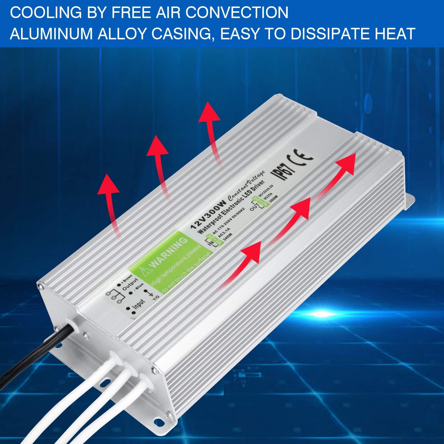 5 Pack Waterproof IP67 LED Power Supply Driver Transformer 300W 110V AC to 12V DC Low Voltage Output with 3-Prong Plug 3.3 Feet Cable J292850