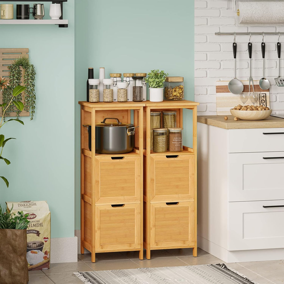 Bamboo Freestanding Corner Cabinet with 2 Removable Drawers and 3 Shelves Y538994