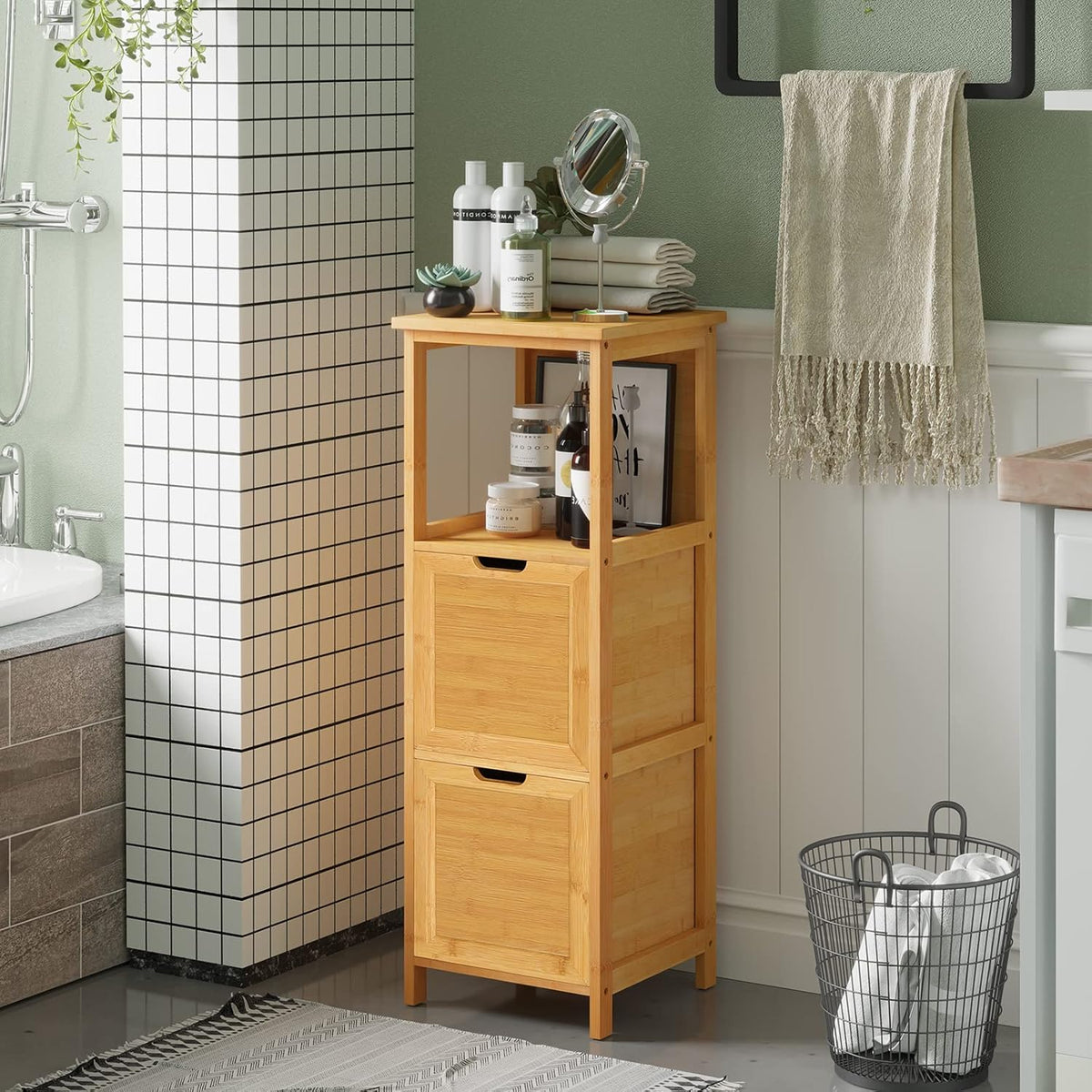 Bamboo Freestanding Corner Cabinet with 2 Removable Drawers and 3 Shelves Y538994