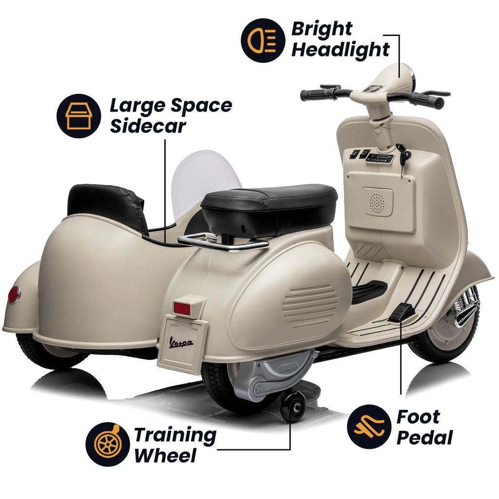 12V Licensed Vespa Ride on Motorcycle with Side Car, 2-Seater Electric Car for Kids, Grey J684