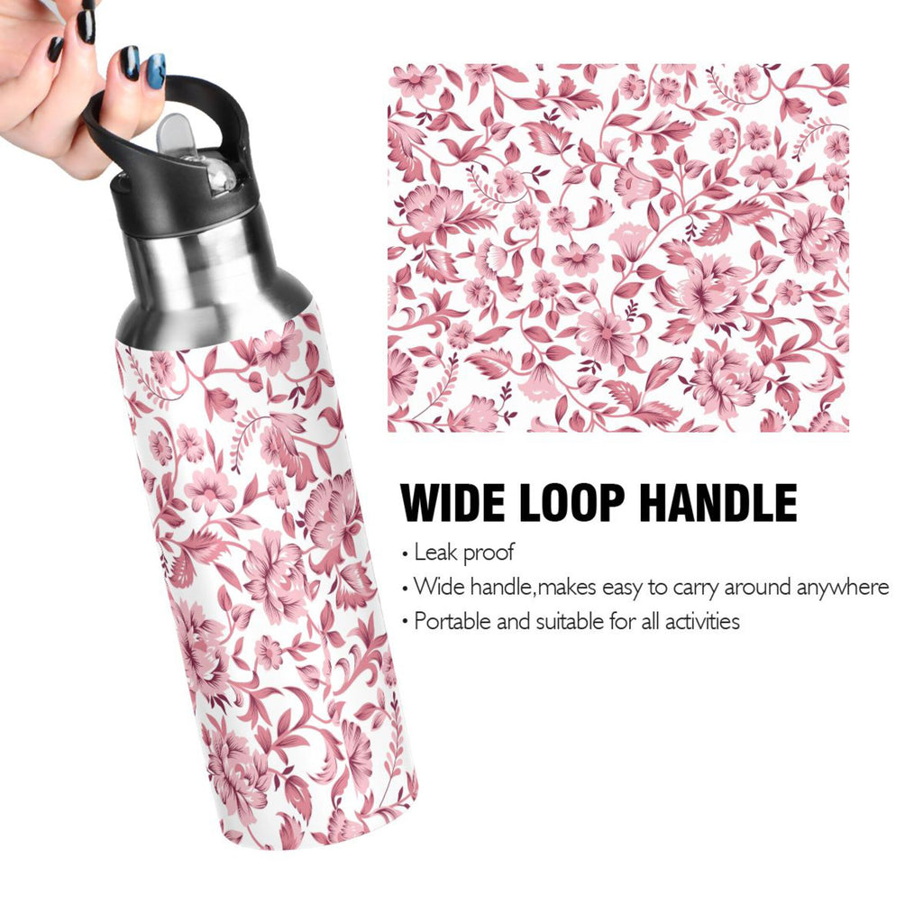 Pink Floral Insulated Stainless Steel Water Bottle with Straw Lid Leakproof 20 oz C224221