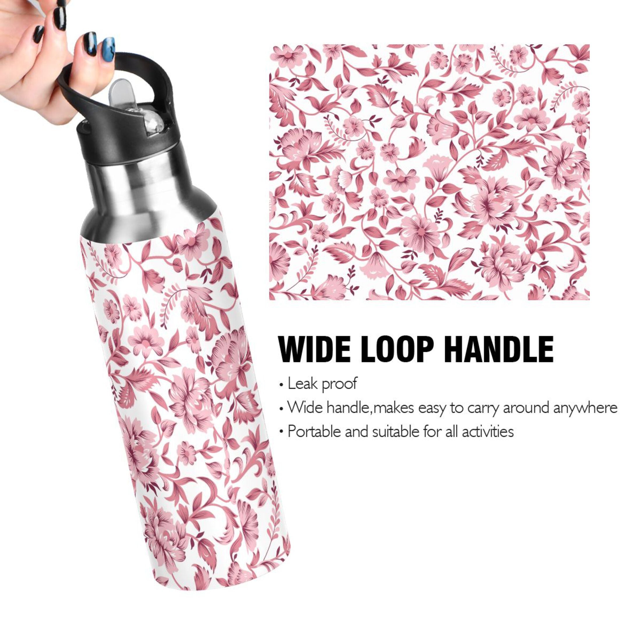 Pink Floral Insulated Stainless Steel Water Bottle with Straw Lid Leakproof 20 oz C224221