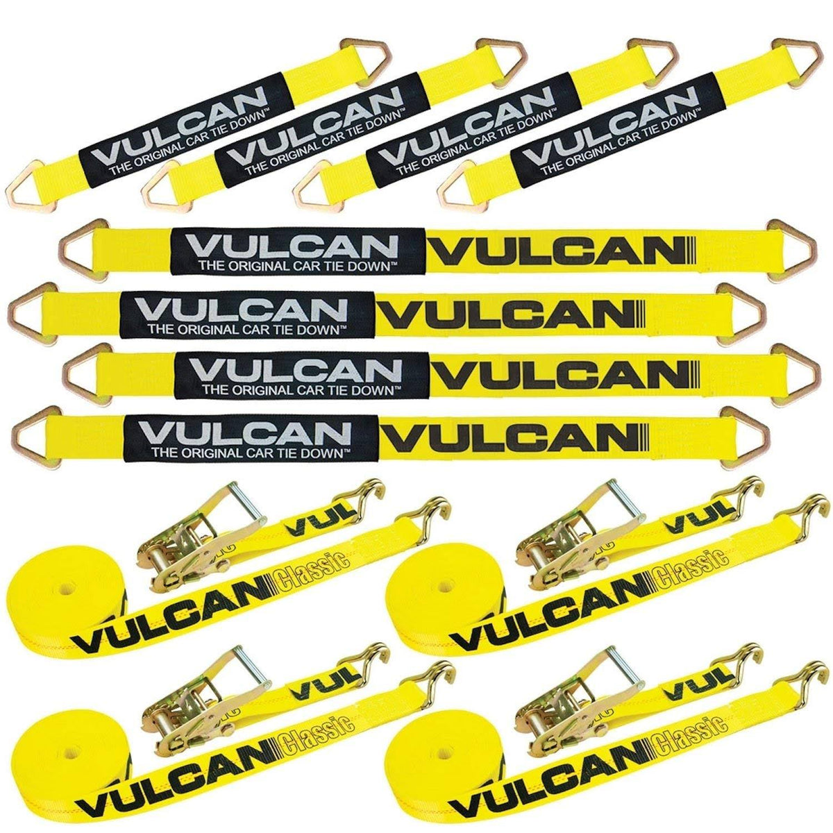 Complete Axle Strap Tie Down Kit with Wire Hook Ratchet Straps - Classic Yellow - Includes (4) 22x22 Axle Straps, (4) 36x Y6532