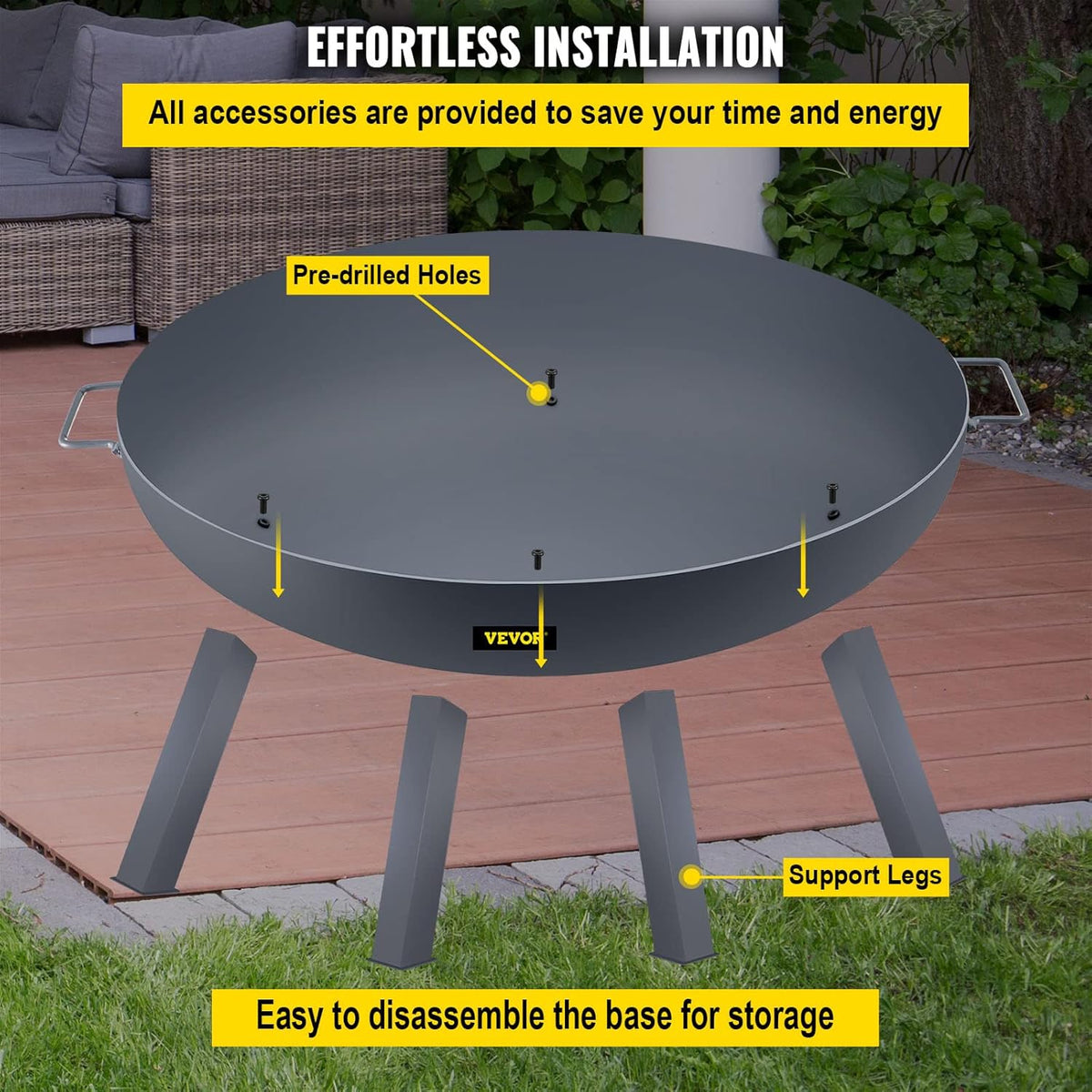 34-Inch Round Carbon Steel Fire Pit Bowl with Drain Hole and Handles B702747