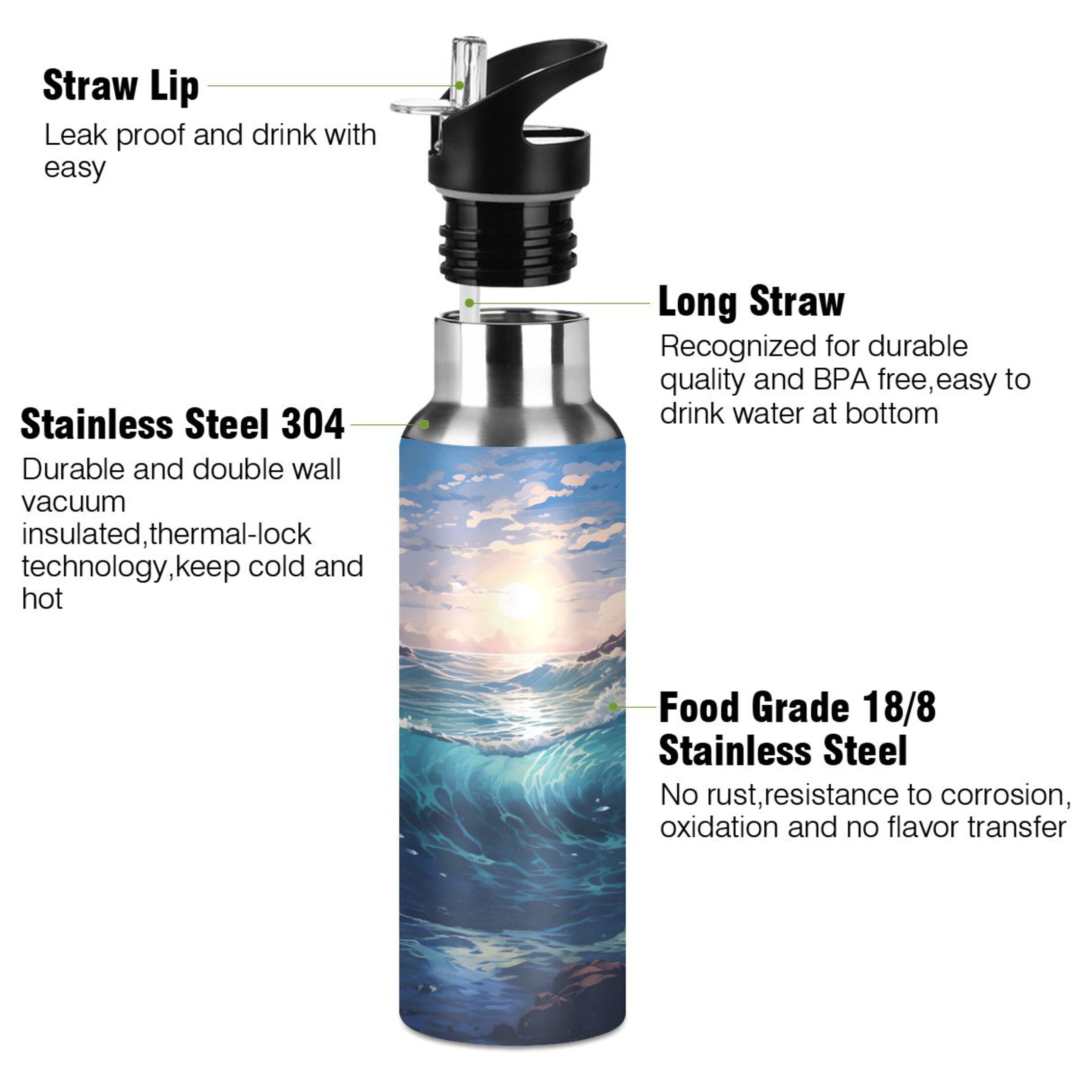 Stainless Steel Insulated Thermos Vacuum Flask Water Bottle with Straw Lid Y7312