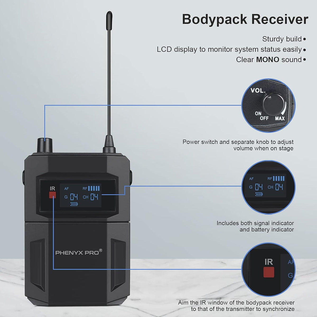 UHF Mono Wireless in-Ear Monitor System with Metal Transmitter and Bodypack Receiver U1569
