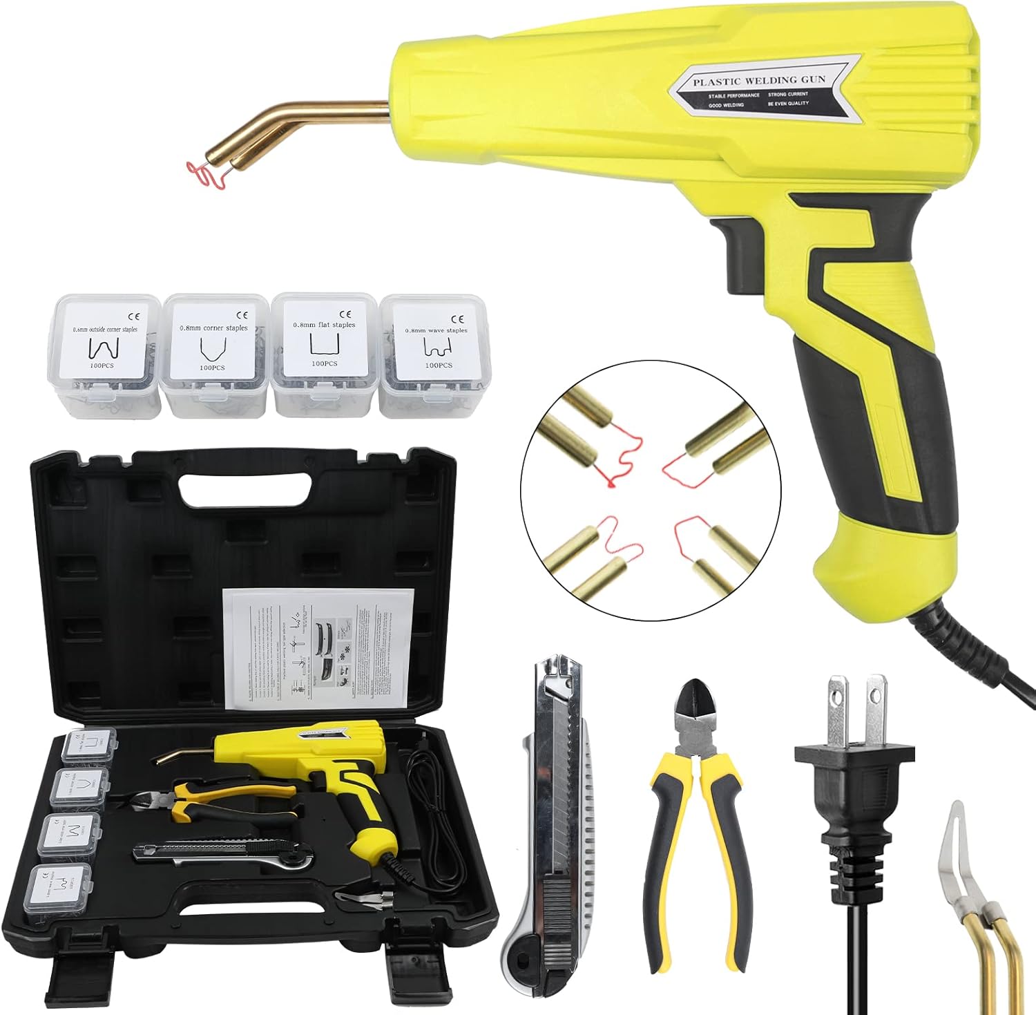 110V 100W Plastic Welder Kit with 4 Types of 100PCS Staples, Hot Stapler Plastic Repair Tools with Pliers, Red Pack of 2 Y1232