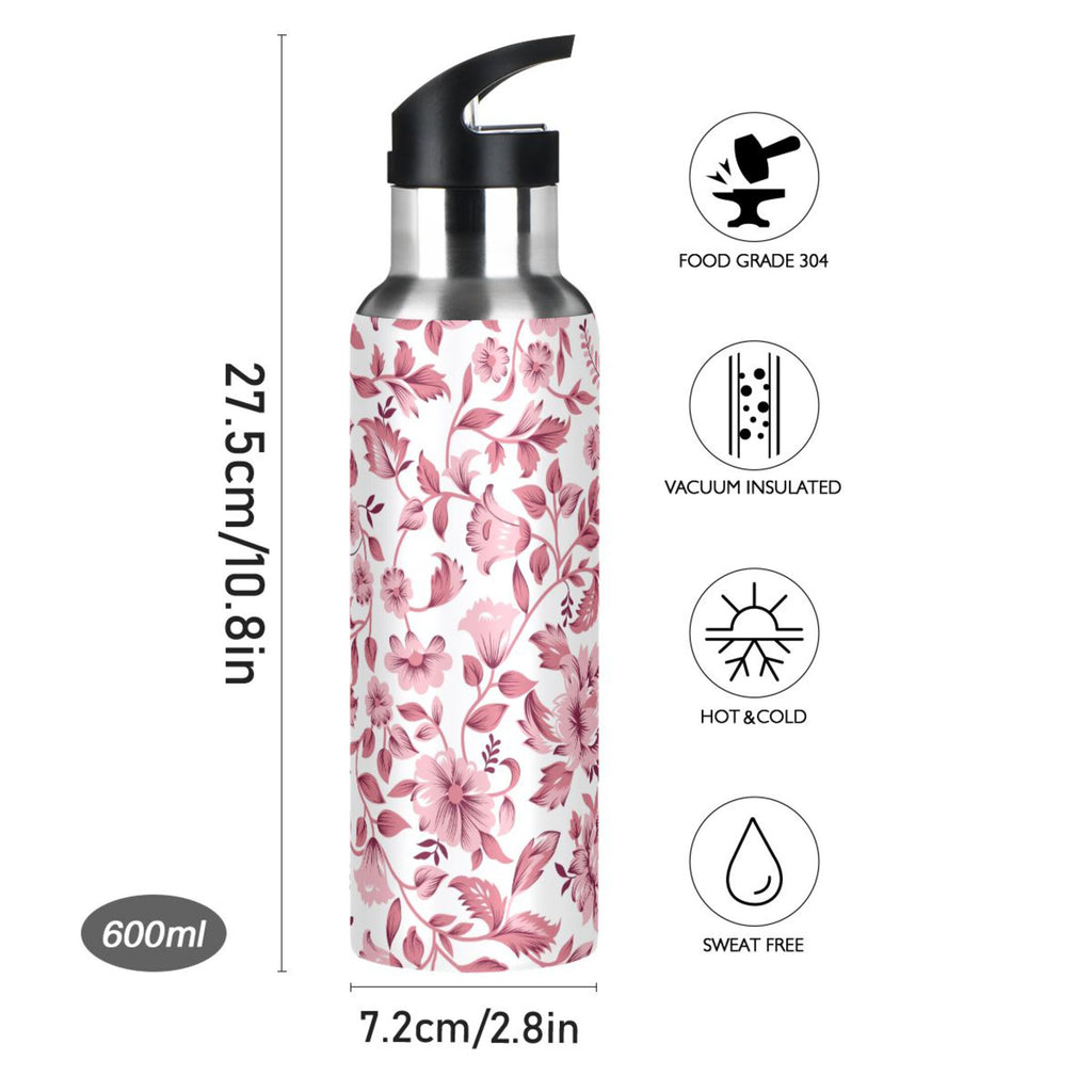 Pink Floral Insulated Stainless Steel Water Bottle with Straw Lid Leakproof 20 oz C224221