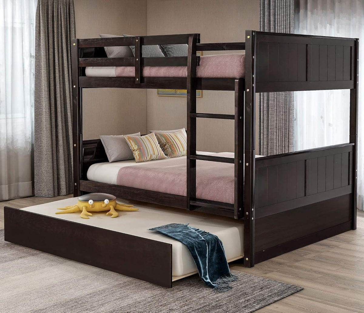 White Wood Triple Bunk Bed with Slide and Ladder P868