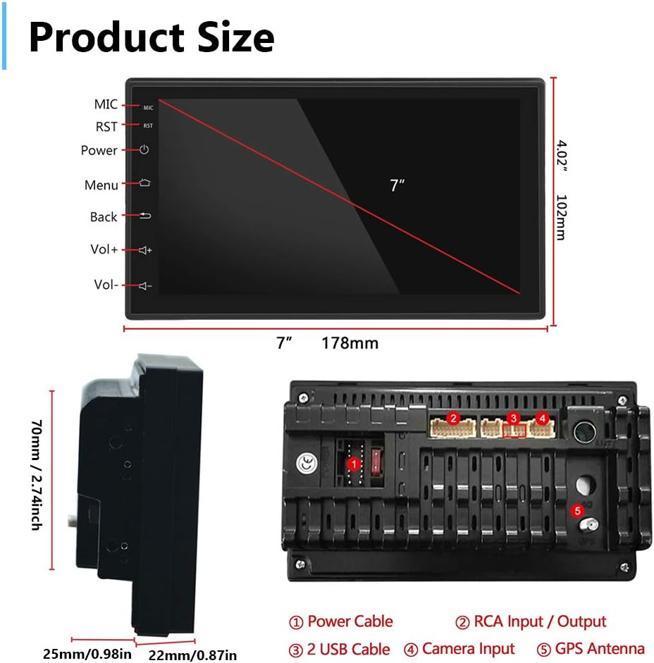 Android Double Din Car Stereo with Touch Screen Bluetooth FM Receiver Backup Camera Dual USB O1380