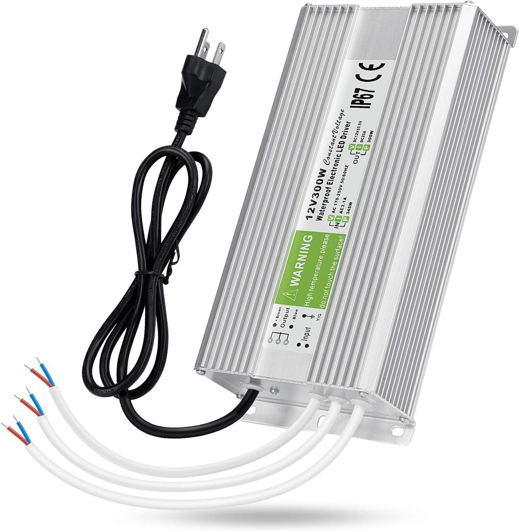5 Pack Waterproof IP67 LED Power Supply Driver Transformer 300W 110V AC to 12V DC Low Voltage Output with 3-Prong Plug 3.3 Feet Cable J292850