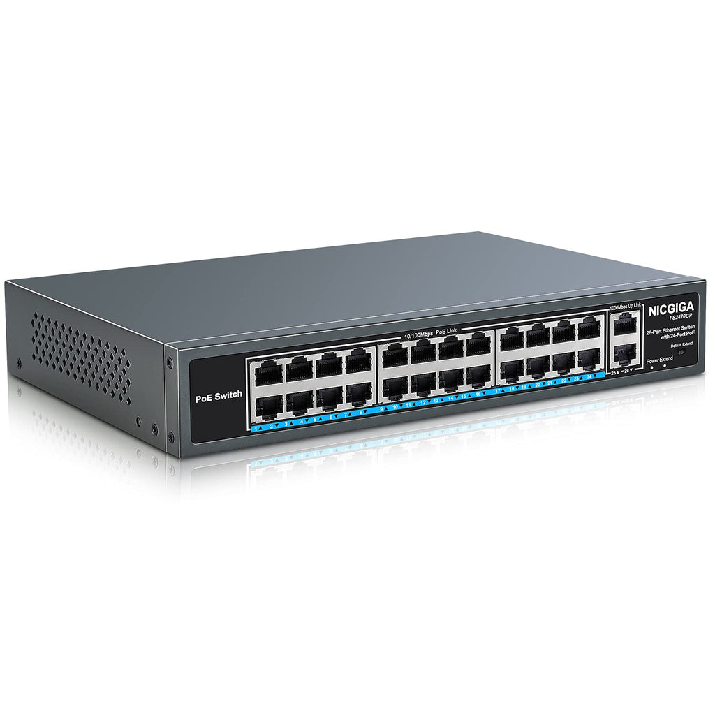 26 Port PoE Switch with 24 Ports 10/100Mbps PoE+@400W, 2 Gigabit Uplink Ports, VLAN Mode, Metal Case, Rack Mount T525579