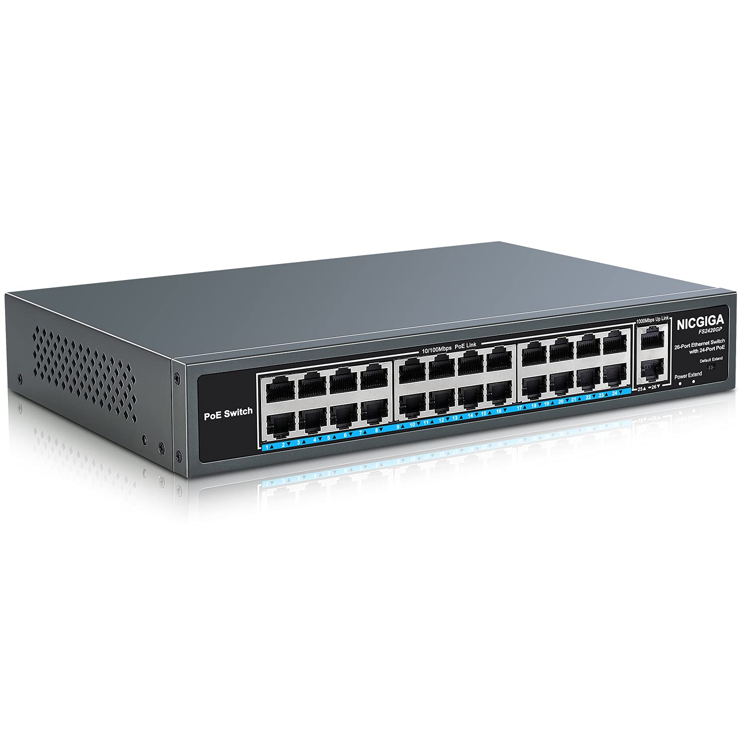 26 Port PoE Switch with 24 Ports 10/100Mbps PoE+@400W, 2 Gigabit Uplink Ports, VLAN Mode, Metal Case, Rack Mount T525579