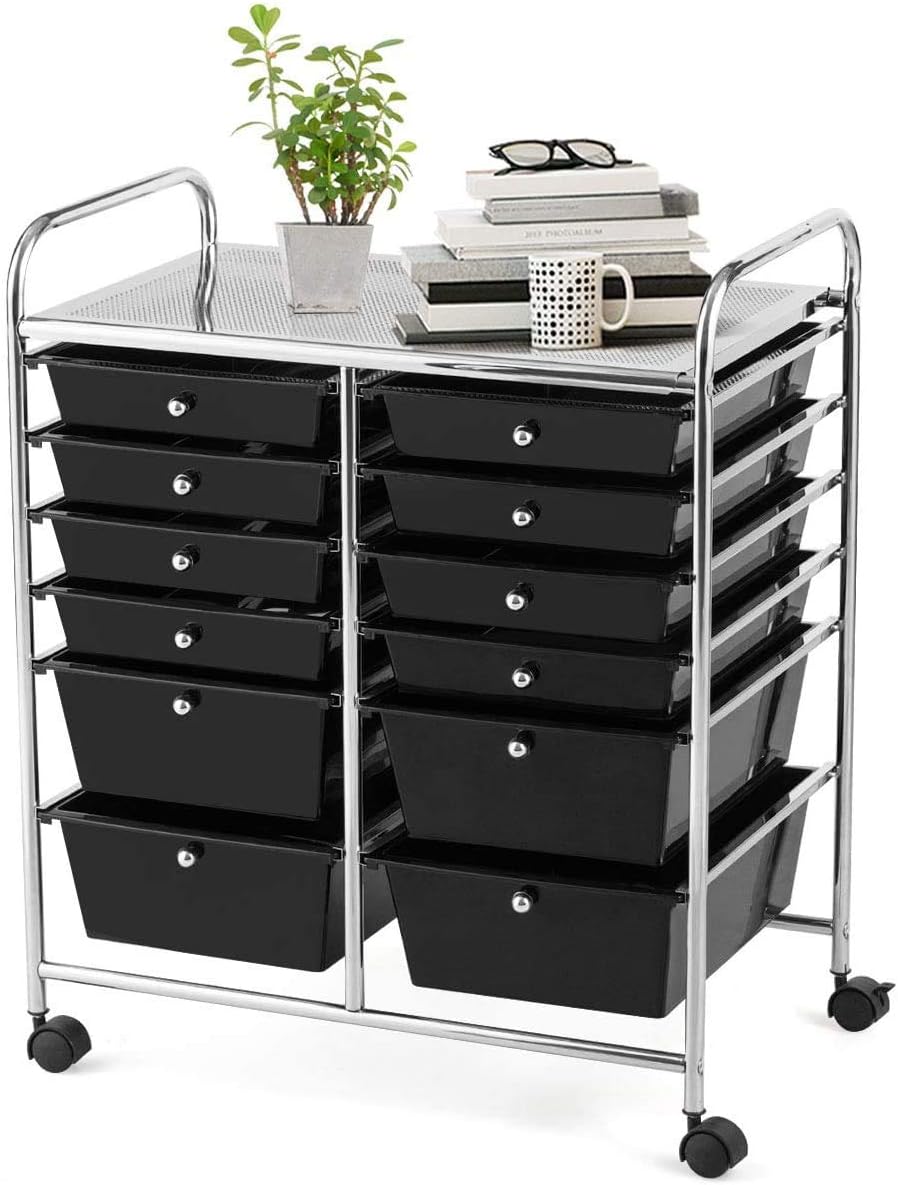 12 Drawer Rolling Storage Cart Organizer Black Pack of 2 D9583