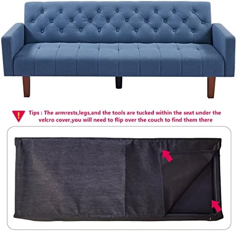 Blue Tufted Linen Convertible Futon Sofa Bed Twin Size with Solid Wood Legs H20292