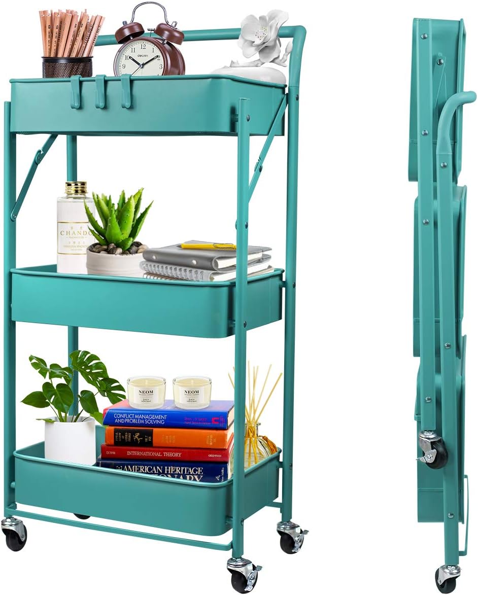 Blue Yellow 3-Tier Metal Rolling Utility Cart with Lockable Caster Wheels Q71144