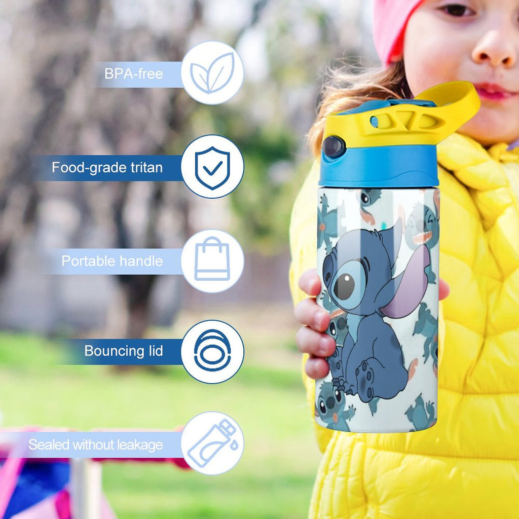 Blue-Stitch-Kawaii Children's Water Bottle Vacuum Insulated Stainless Steel Cup With Straw B910588