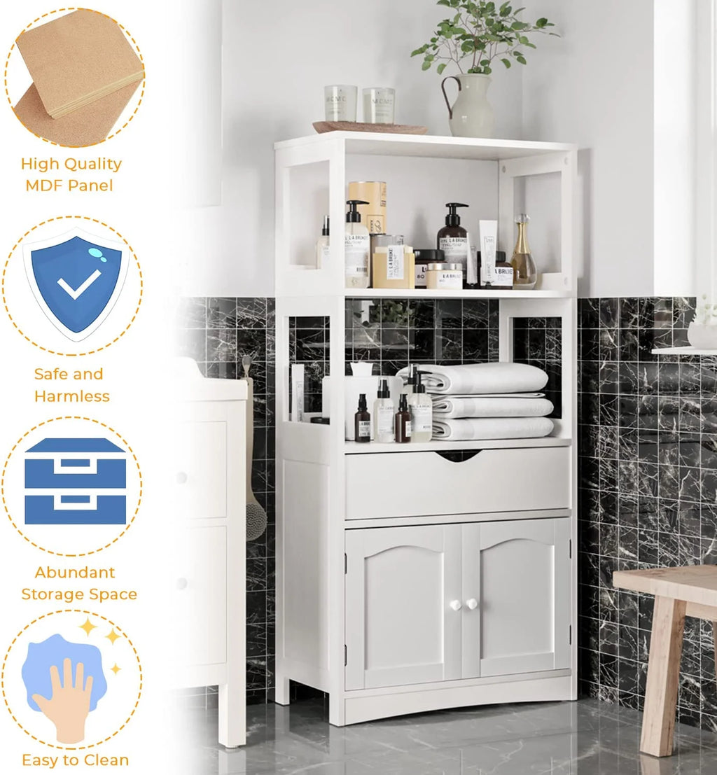 White Freestanding Sideboard Storage Cabinet with 2 Open Shelves, 1 Drawer & 1 Cupboard C99504