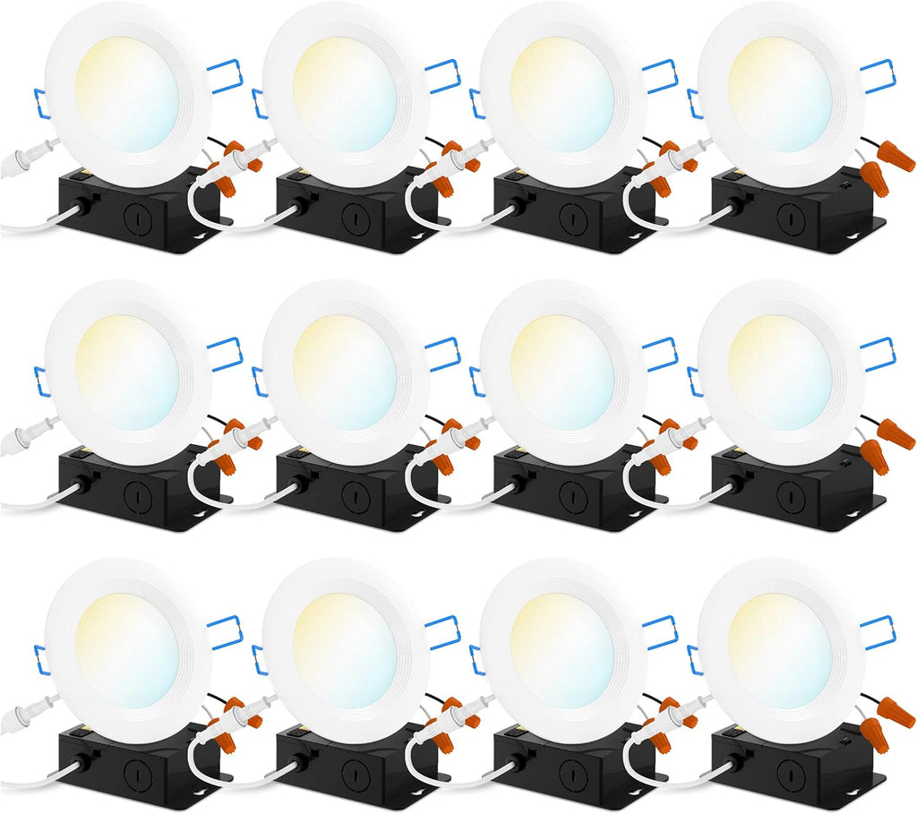 12 Pack 4 Inch Ultra Thin LED Recessed Ceiling Lights Slim, Selectable Color Temperature, Dimmable 10W=60W, 650 LM, Baffle Trim, Canless Wafer Thin with Junction Box L1965